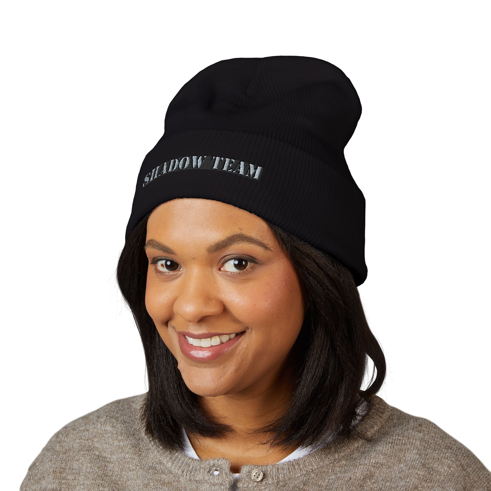 Shadow Team Embroidered Covert Beanie — Black Rib Knit Hat