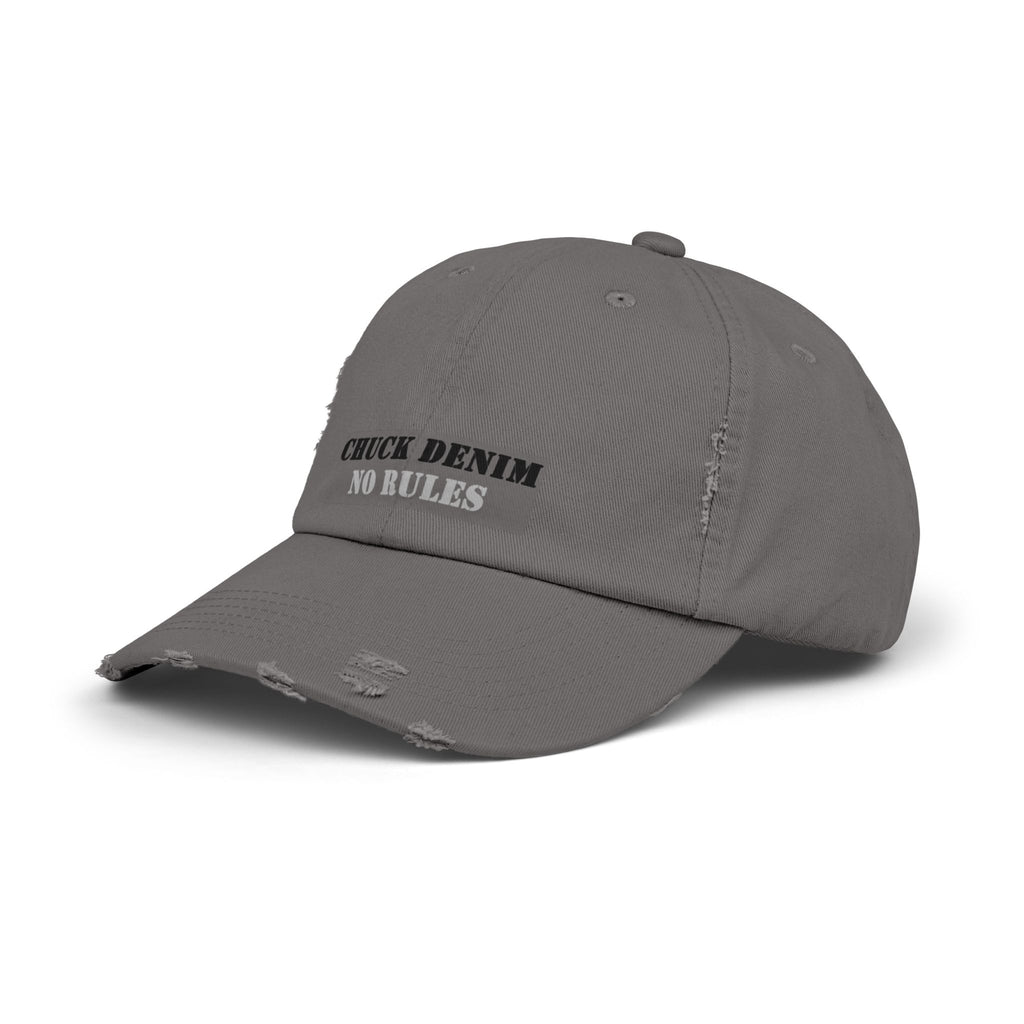 CHUCK DENIM "No Rules" Distressed Cap with CHUCK DENIM's name
