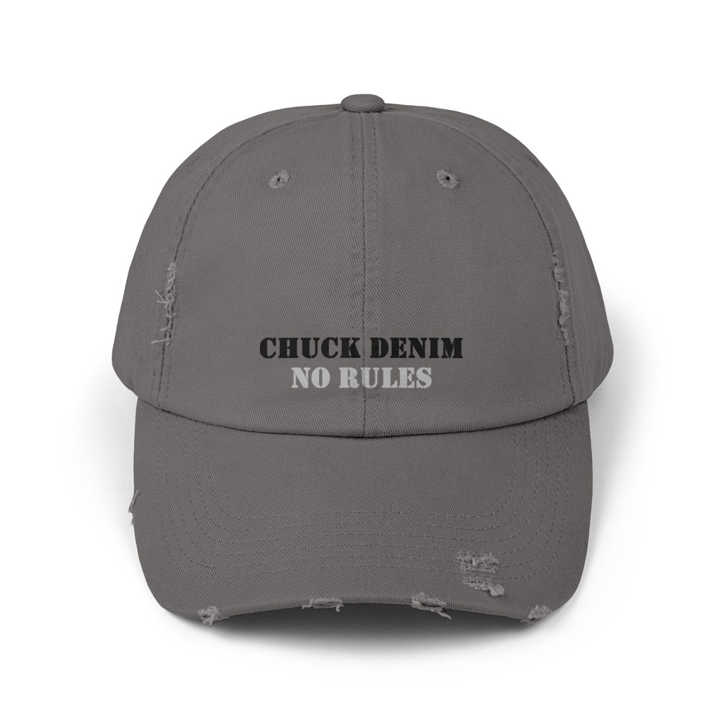 CHUCK DENIM "No Rules" Distressed Cap with CHUCK DENIM's name
