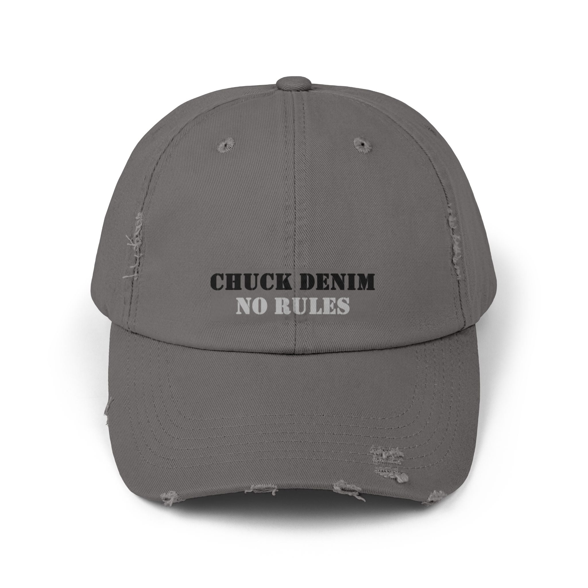CHUCK DENIM "No Rules" Distressed Cap with CHUCK DENIM's name