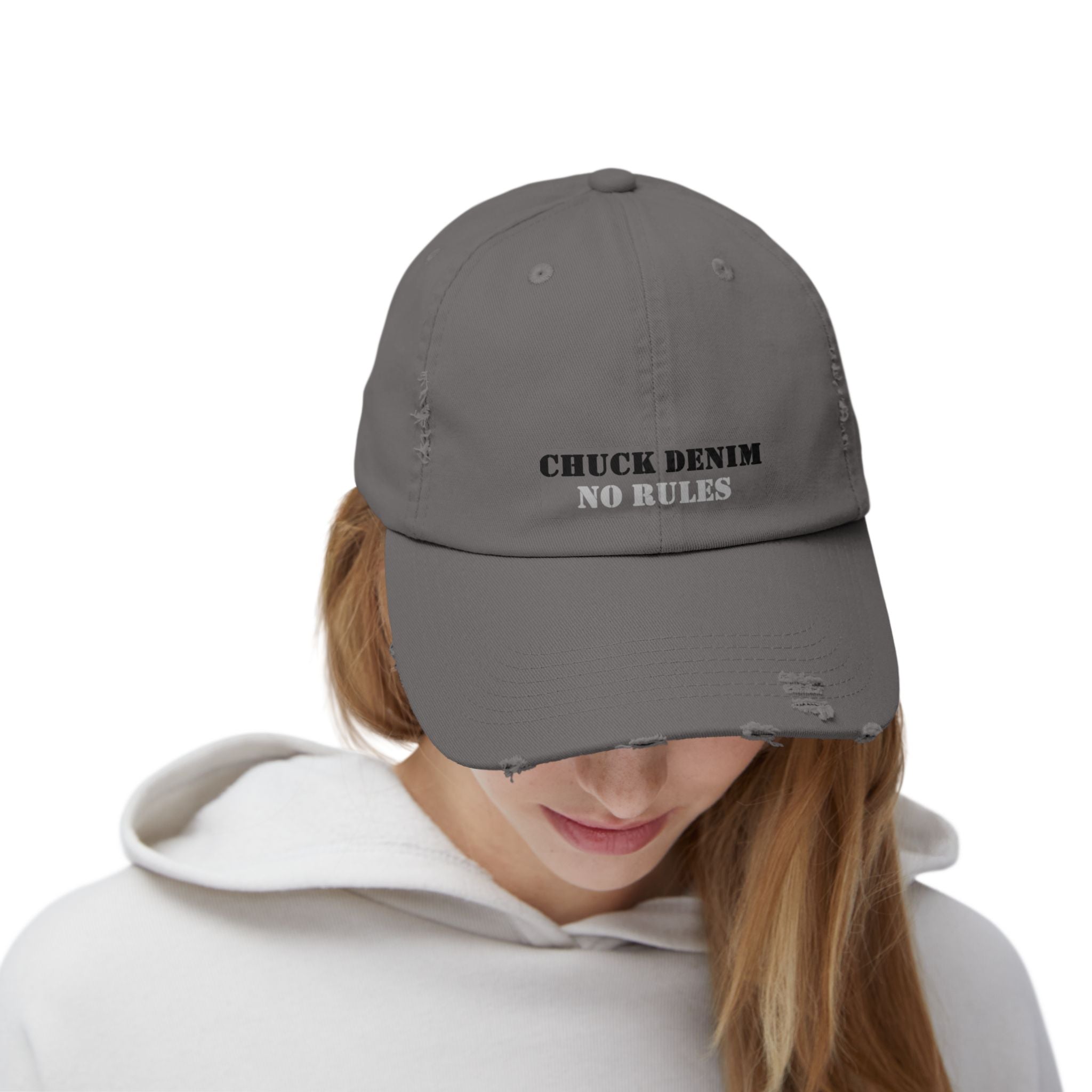 CHUCK DENIM "No Rules" Distressed Cap with CHUCK DENIM's name